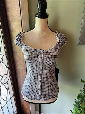 Madden Girl Navy & White Gingham Button-Up Ruffle Sleeve Top